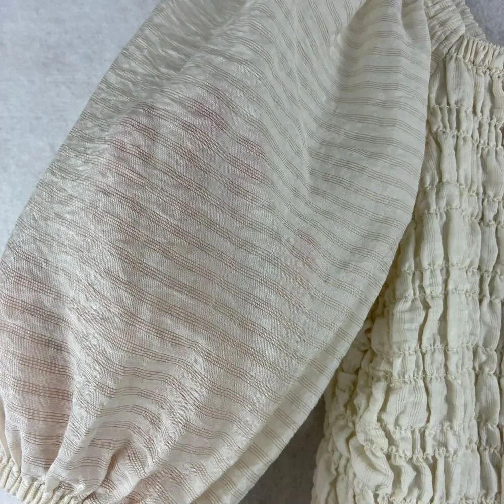 Old Navy All Over Smocking Puff Slv Crop Boho Cottage Blouse Womens Medium Ivory